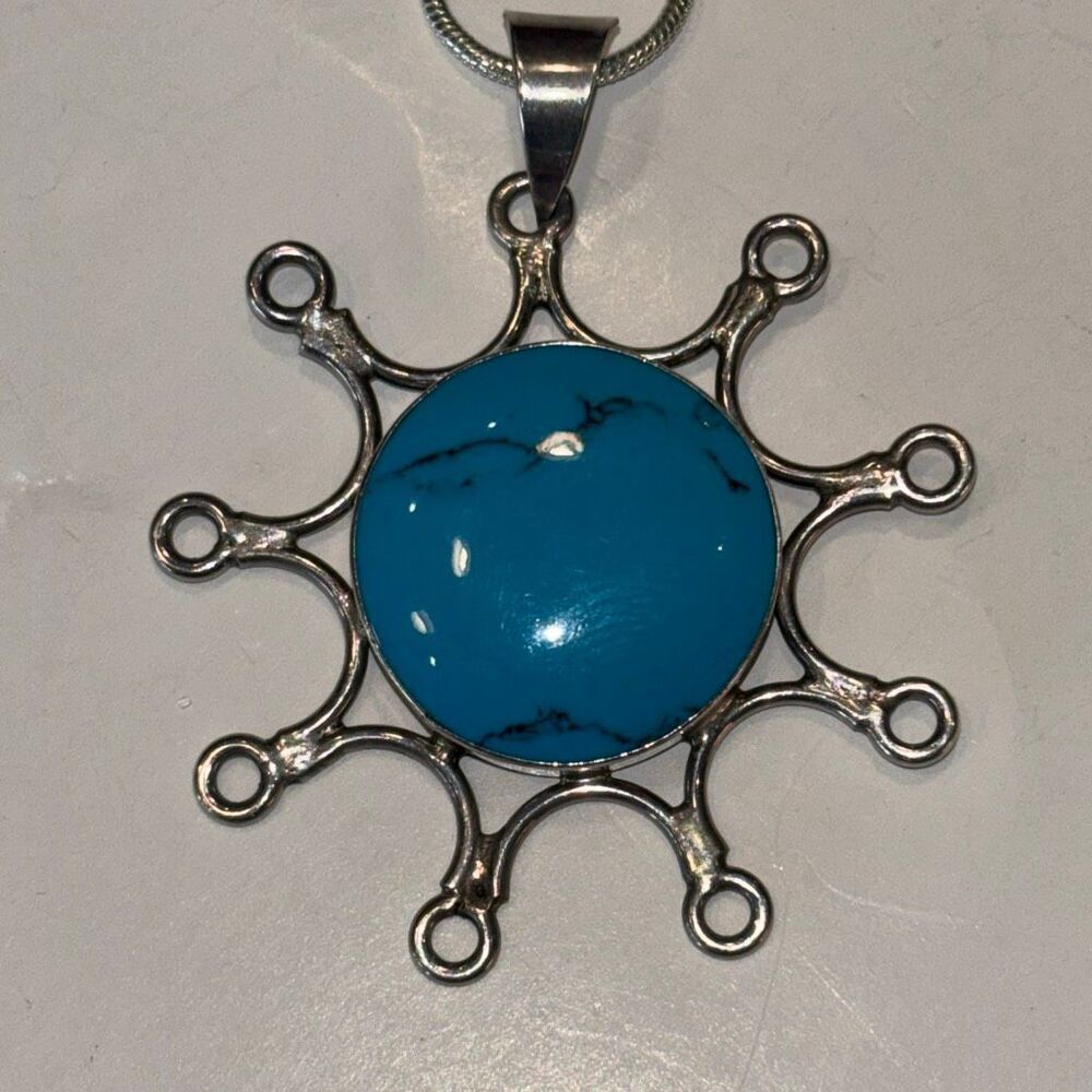 Vtg sterling silver 925 Taxco,Mexico necklace & pendant turquoise sunburst 23g